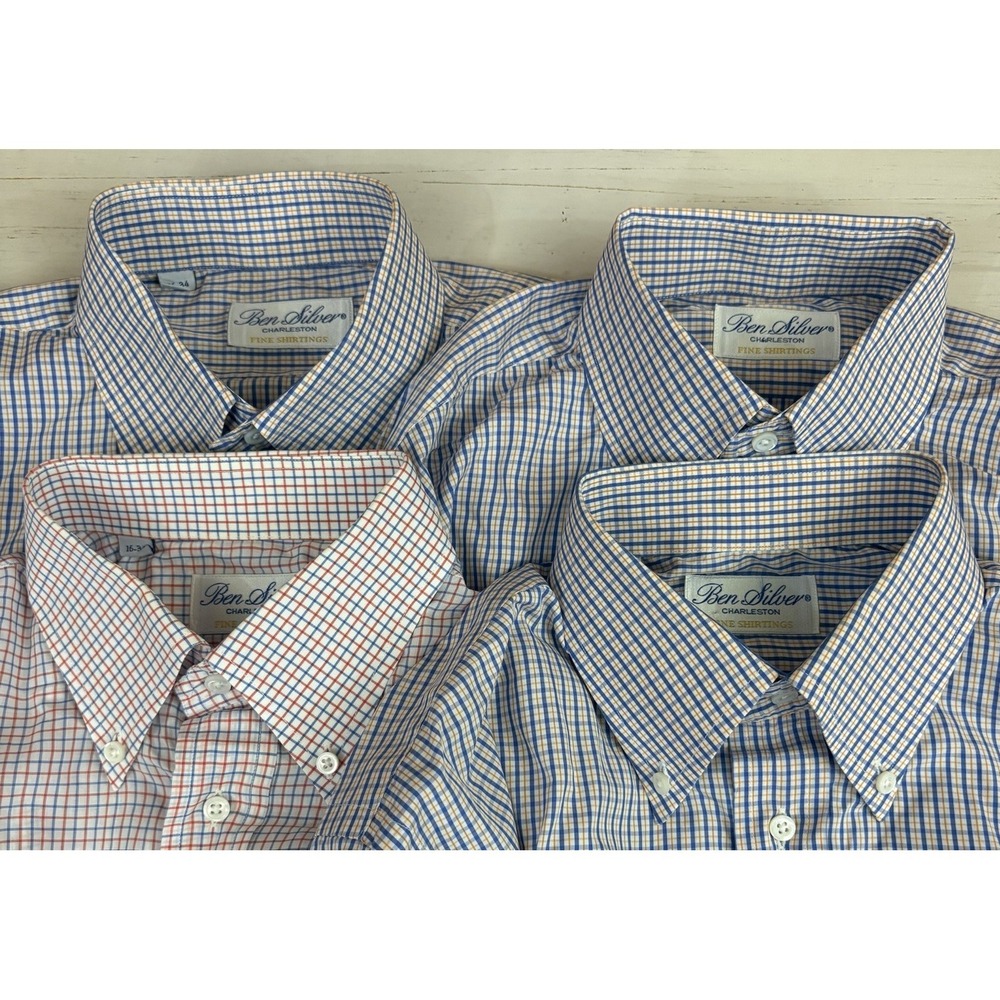 Ben Silver Charleston Dress Shirt Lot of 4 16 34 Blue Check Button-Down
